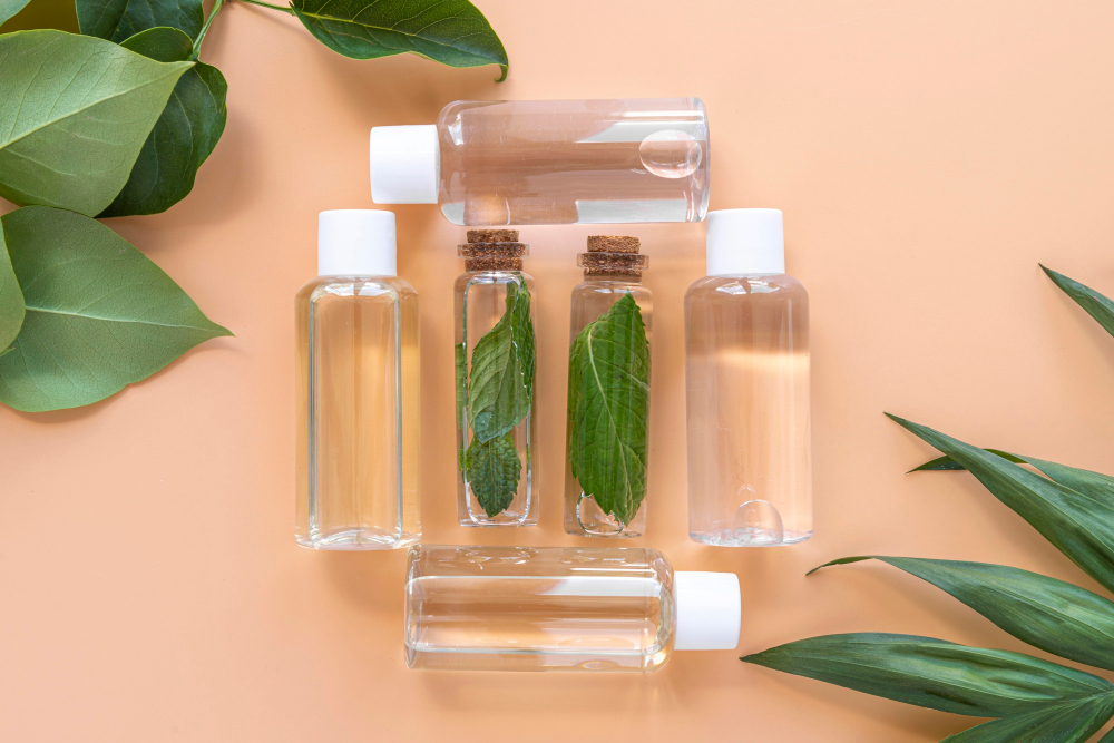 Flat lay natural cosmetics serums